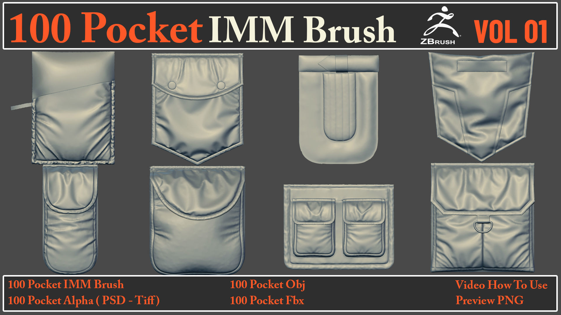 100 Pocket IMM Brush - 100 FBX - OBJ Files - Video How To Use 3D model_6