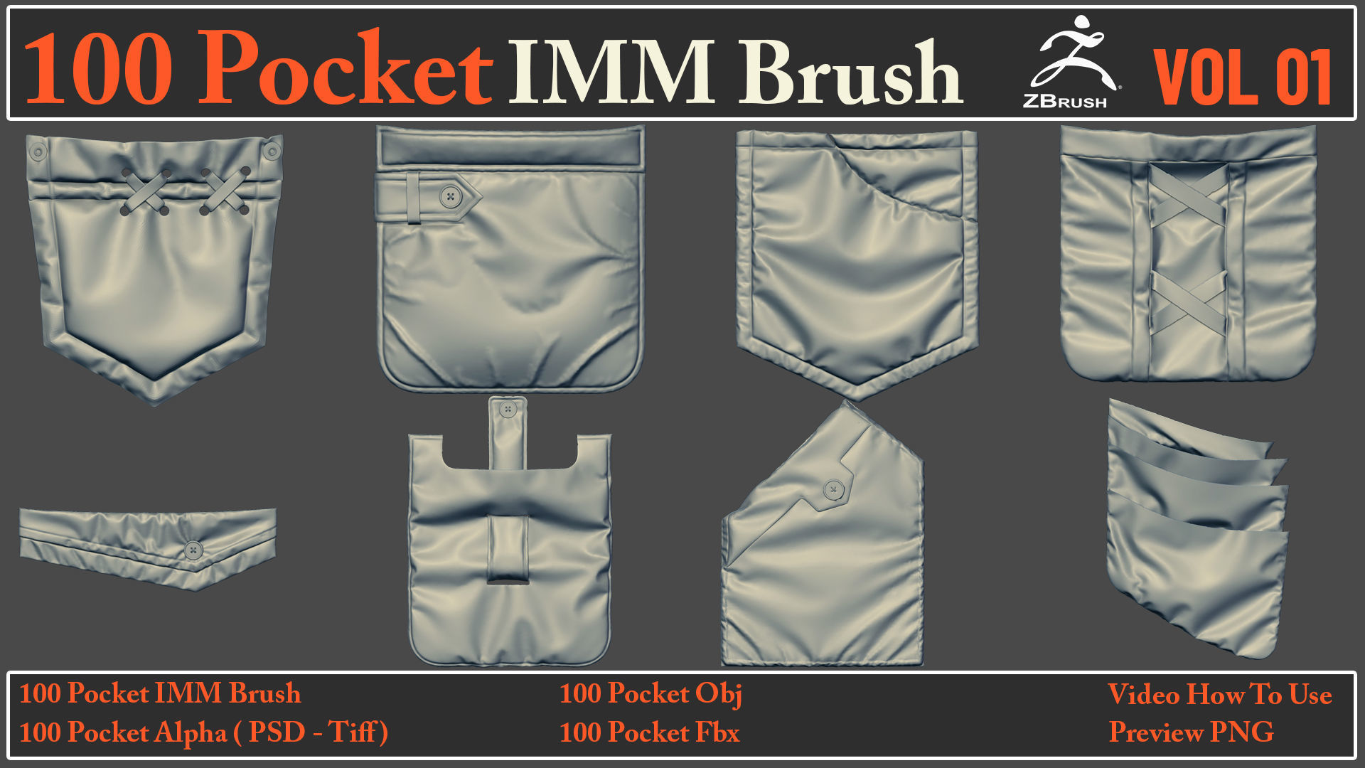 100 Pocket IMM Brush - 100 FBX - OBJ Files - Video How To Use 3D model_3