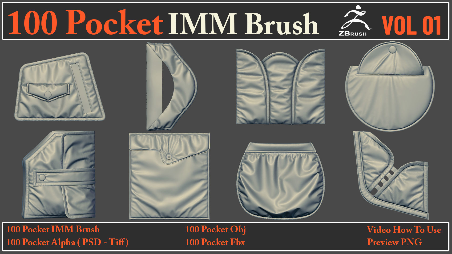 100 Pocket IMM Brush - 100 FBX - OBJ Files - Video How To Use 3D model_12