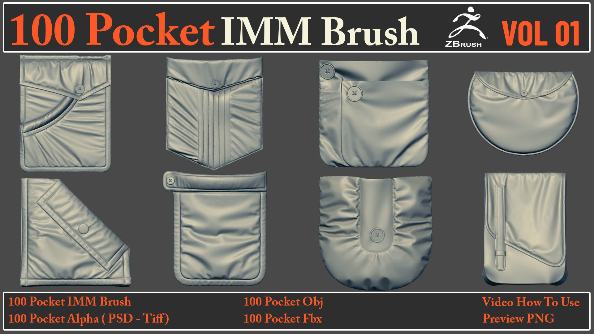 100 Pocket IMM Brush - 100 FBX - OBJ Files - Video How To Use 3D model_11