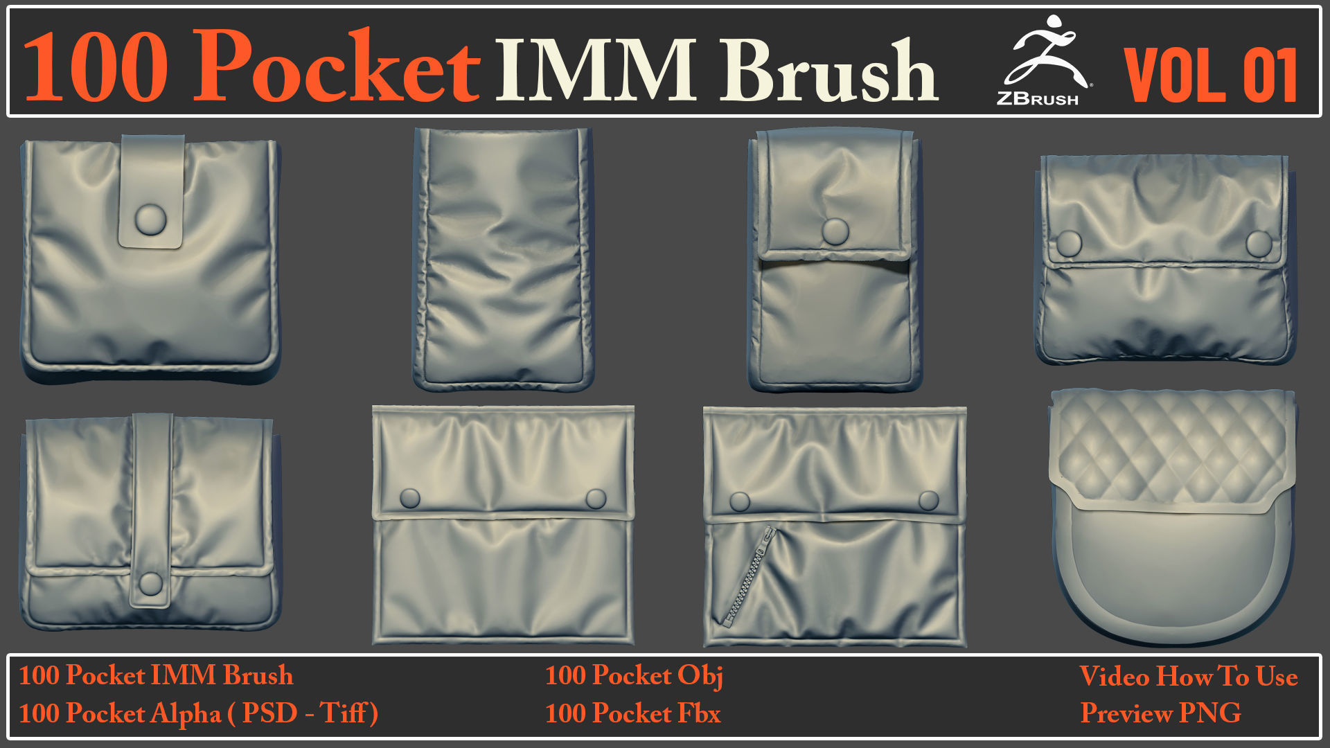 100 Pocket IMM Brush - 100 FBX - OBJ Files - Video How To Use 3D model_4