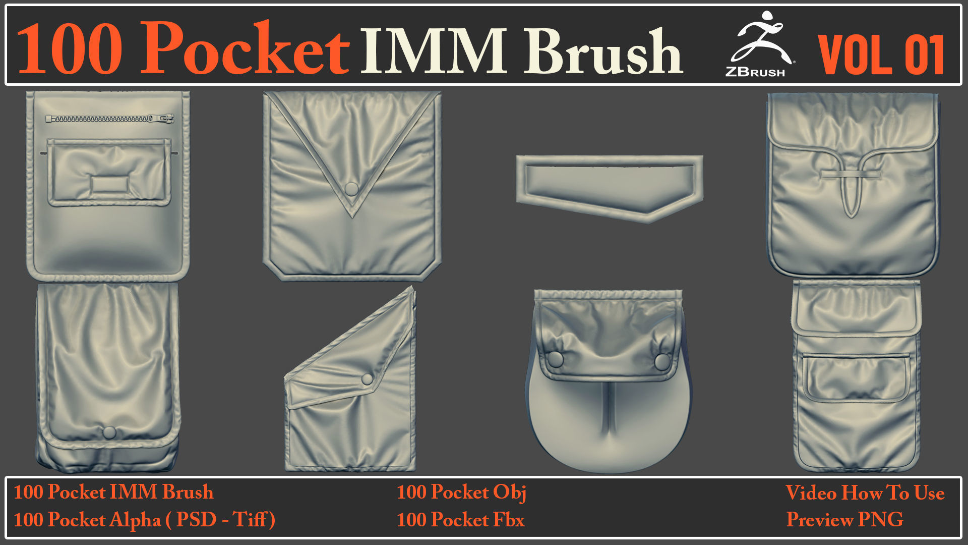 100 Pocket IMM Brush - 100 FBX - OBJ Files - Video How To Use 3D model_5