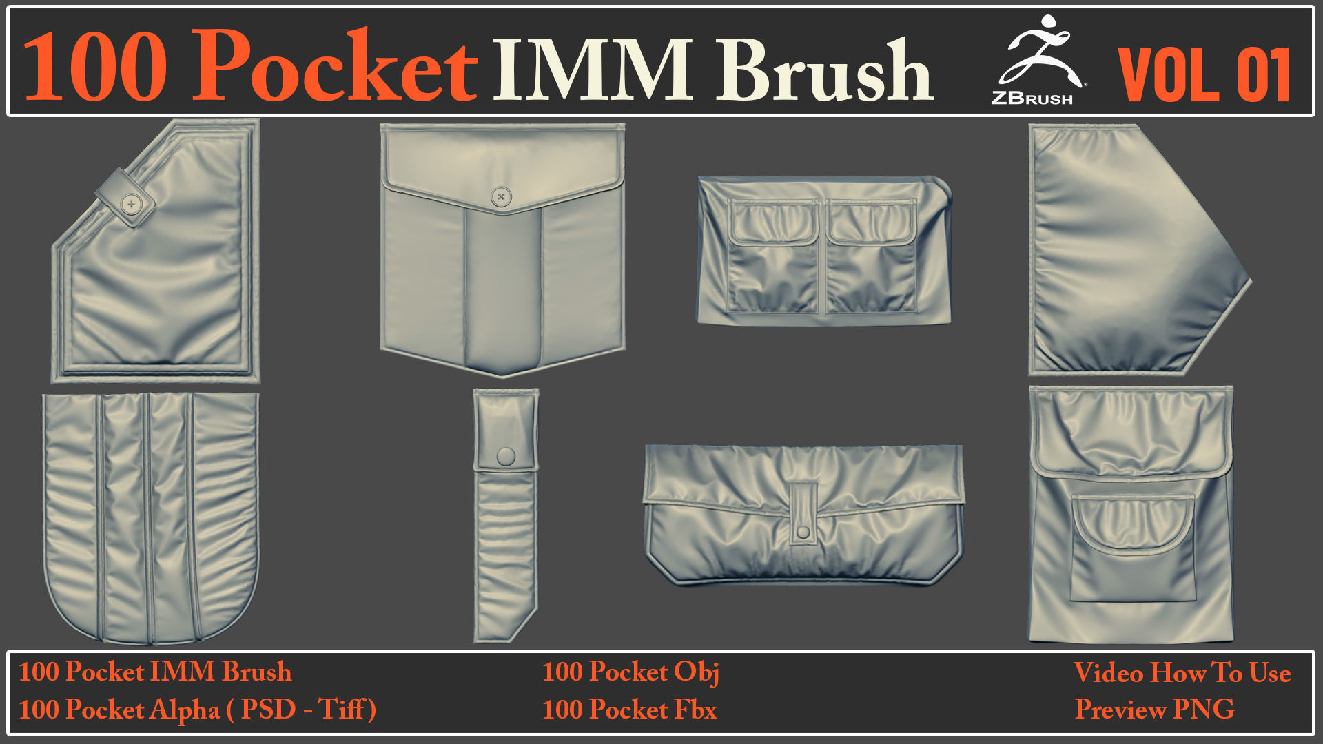 100 Pocket IMM Brush - 100 FBX - OBJ Files - Video How To Use 3D model_13
