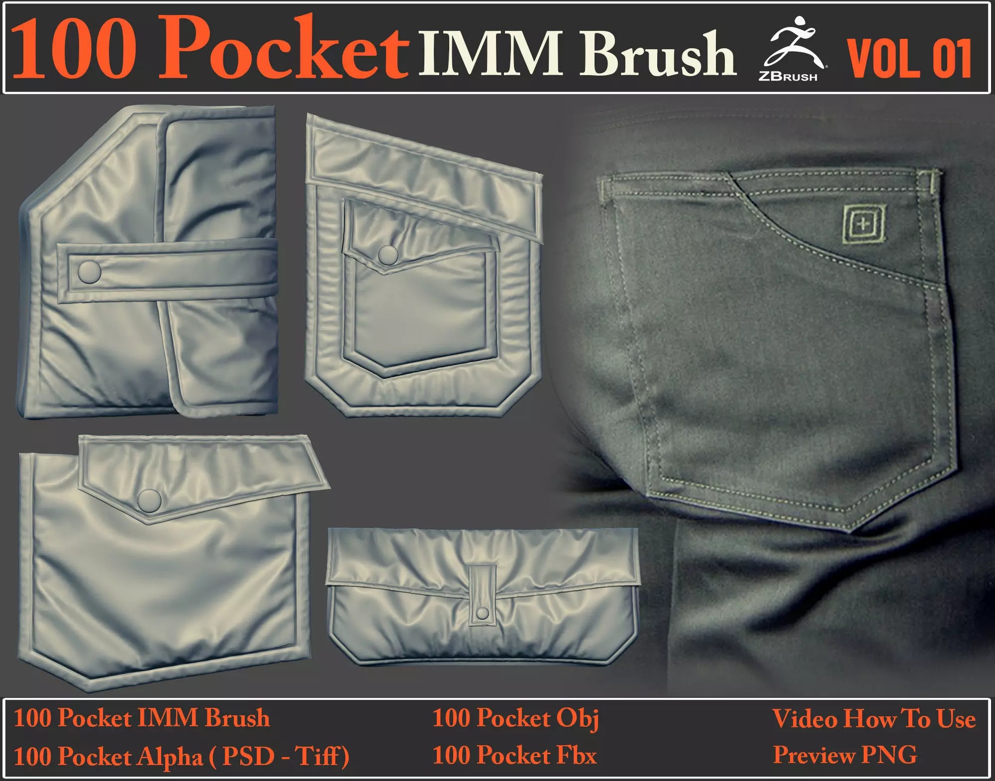 100 Pocket IMM Brush - 100 FBX - OBJ Files - Video How To Use 3D model_0