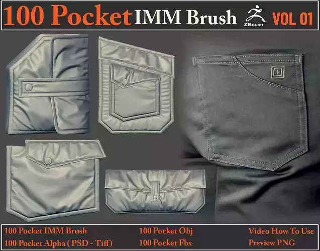 100 Pocket IMM Brush - 100 FBX - OBJ Files - Video How To Use 3D model