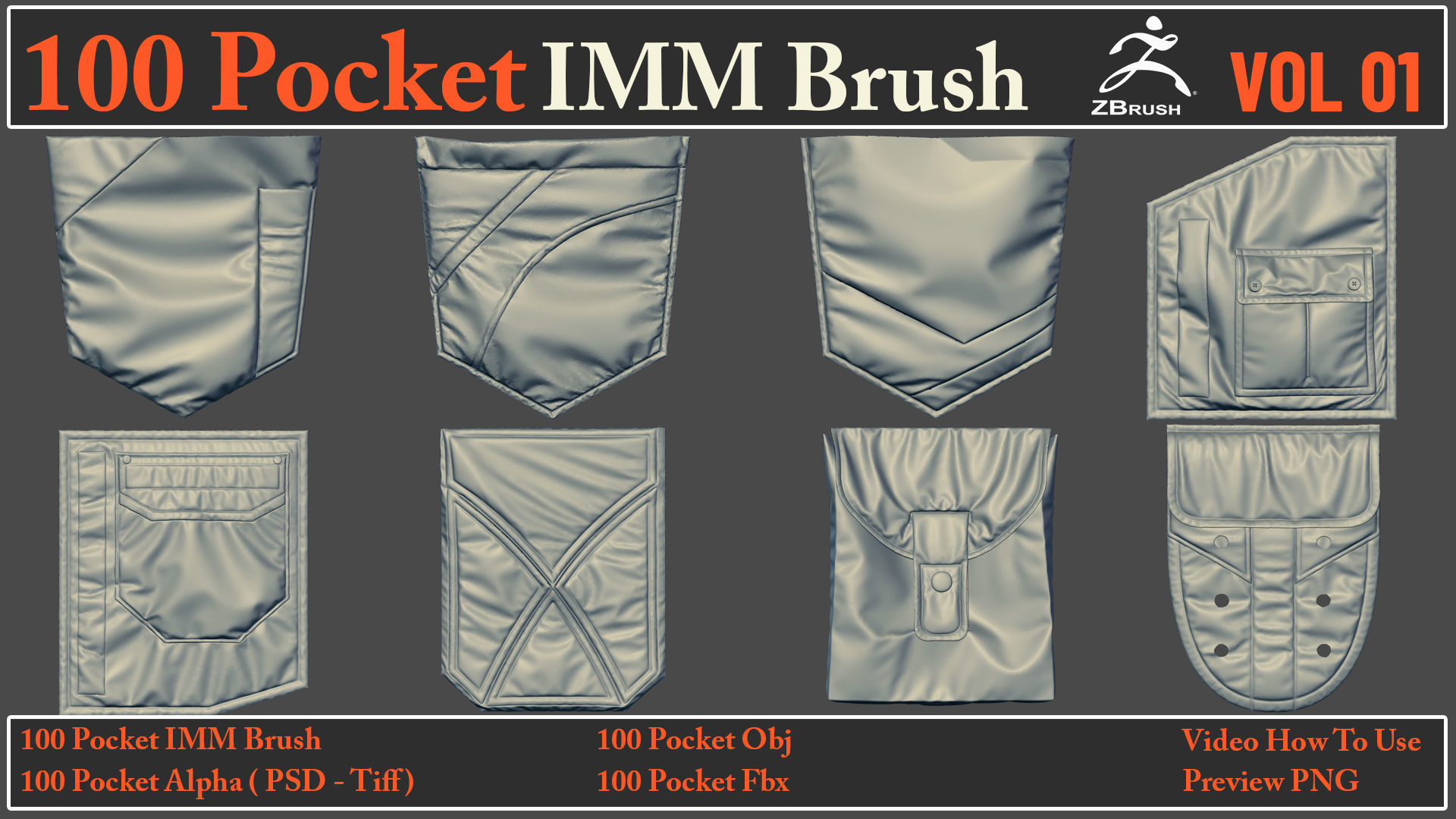 100 Pocket IMM Brush - 100 FBX - OBJ Files - Video How To Use 3D model_9