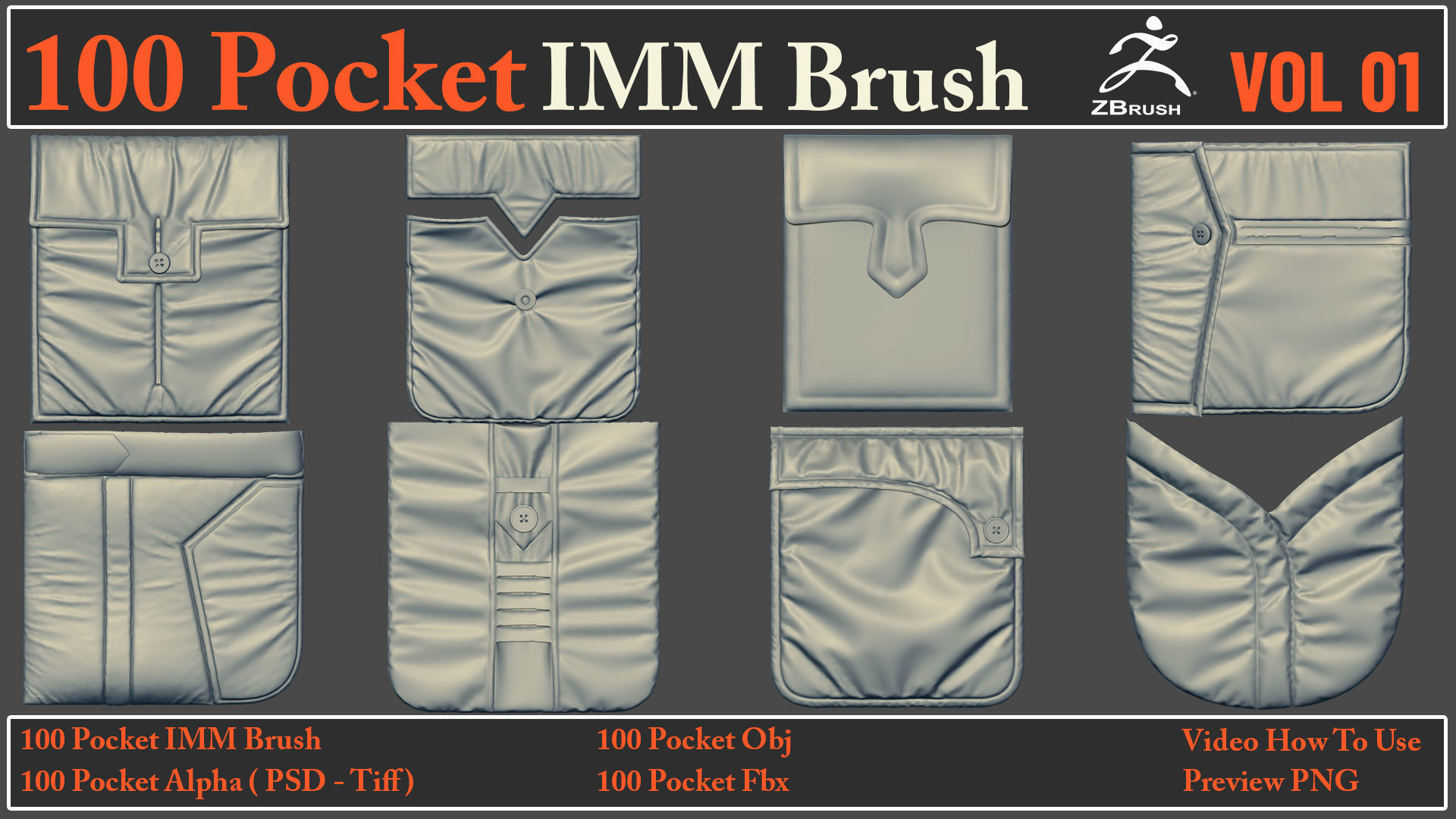 100 Pocket IMM Brush - 100 FBX - OBJ Files - Video How To Use 3D model_7