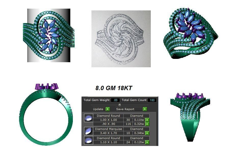 Marquise Diamond Four Band Bridal Ring 3D print model_3