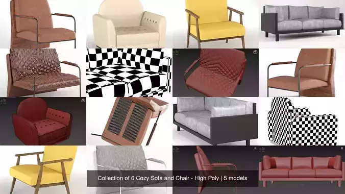 Collection of 6 Cozy Sofa and Chair - High Poly