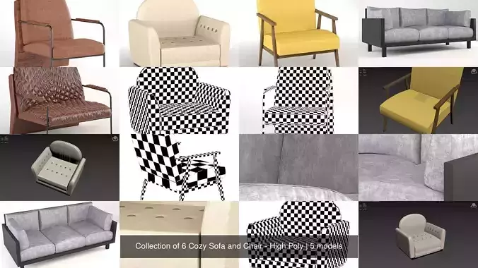 Collection of 6 Cozy Sofa and Chair - High Poly