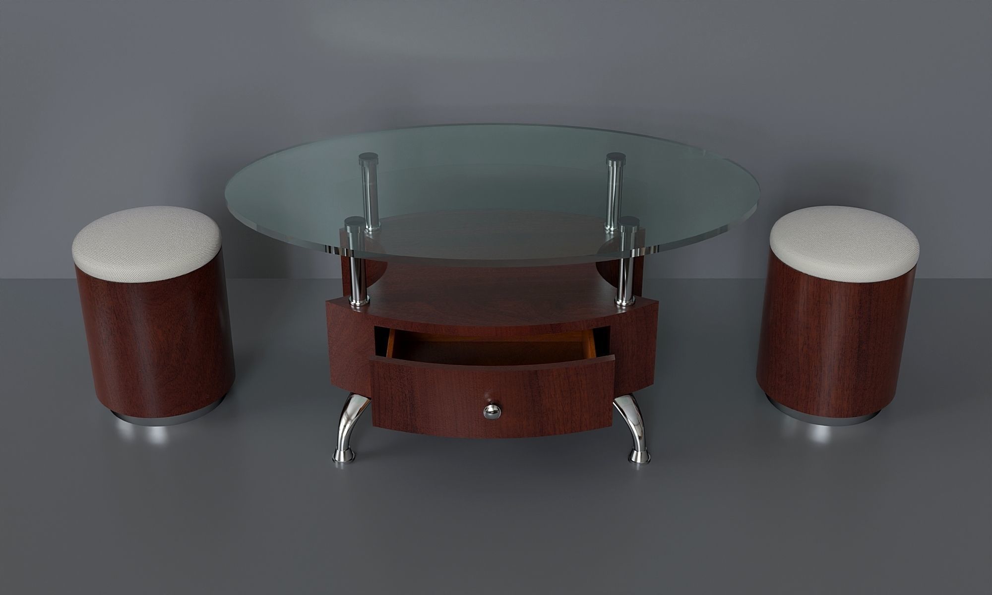 Coffee table with ottomans Low-poly 3D model_1