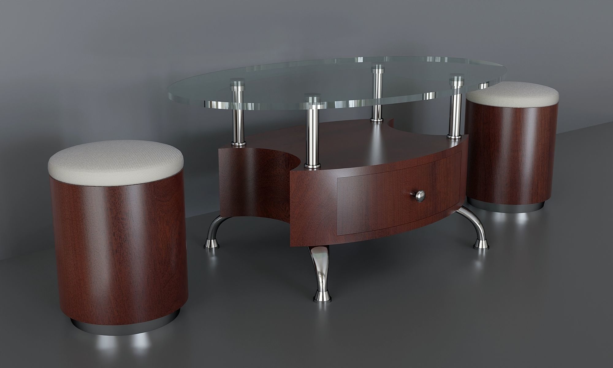 Coffee table with ottomans Low-poly 3D model_2