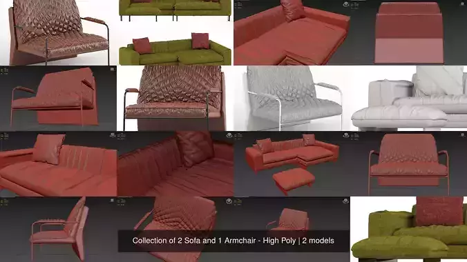 Collection of 2 Sofa and 1 Armchair - High Poly
