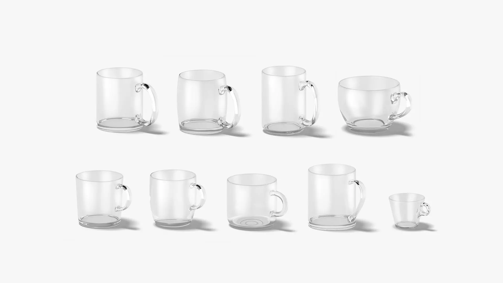 9 Glass Mug Shapes - transparent mugs various forms and sizes Low-poly 3D model_0