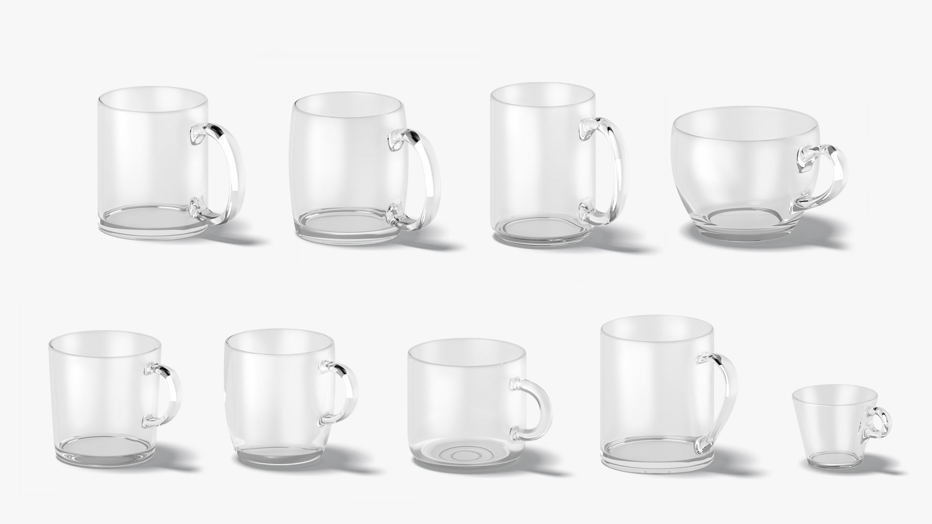 9 Glass Mug Shapes - transparent mugs various forms and sizes Low-poly 3D model_1