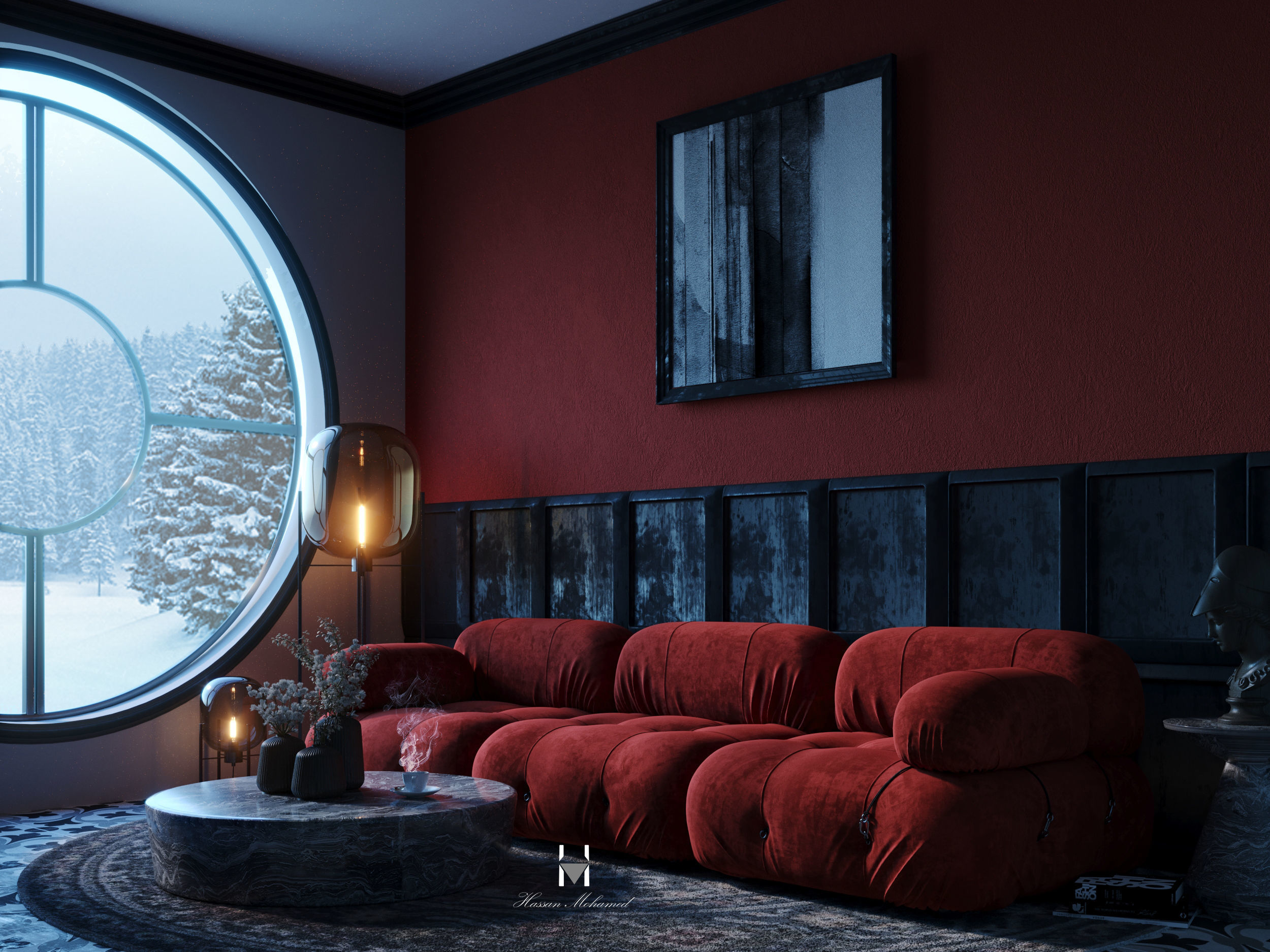Red wall interior scene 3D model rigged | CGTrader