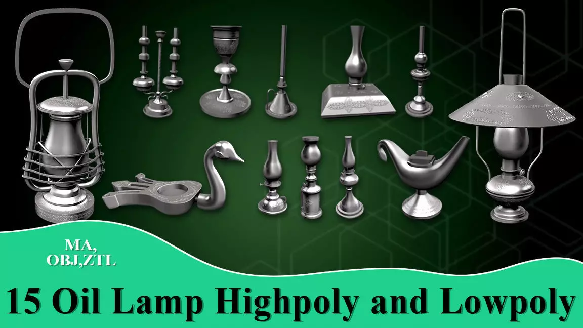 15 Oil Lamp Highpoly and Lowpoly Low-poly 3D model