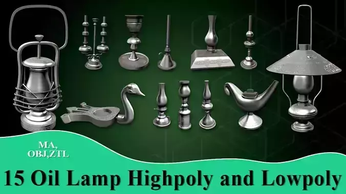 15 Oil Lamp Highpoly and Lowpoly  Low-poly 3D model