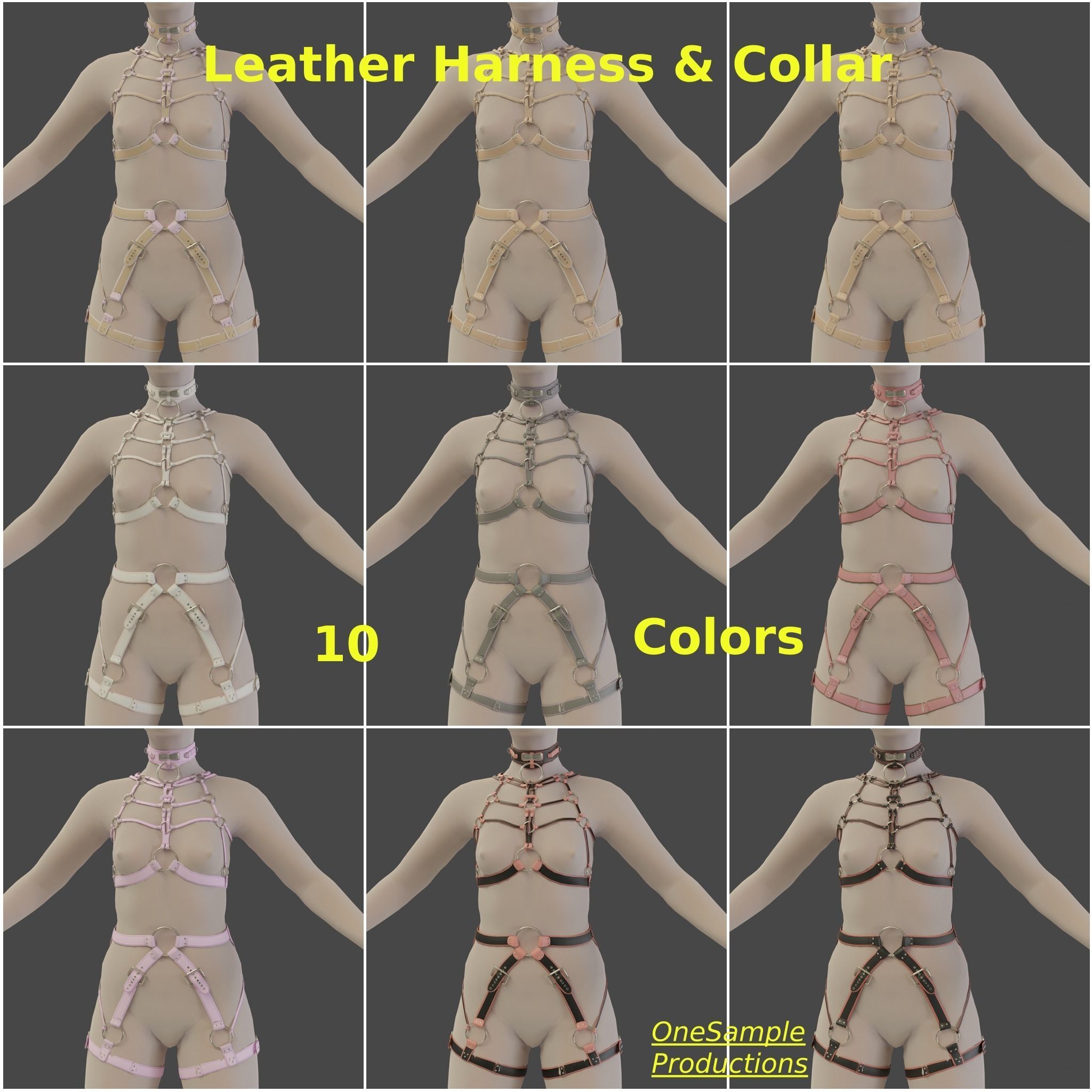 Bondage Harness and Collar 10 colors Female Character  Low-poly 3D model_2