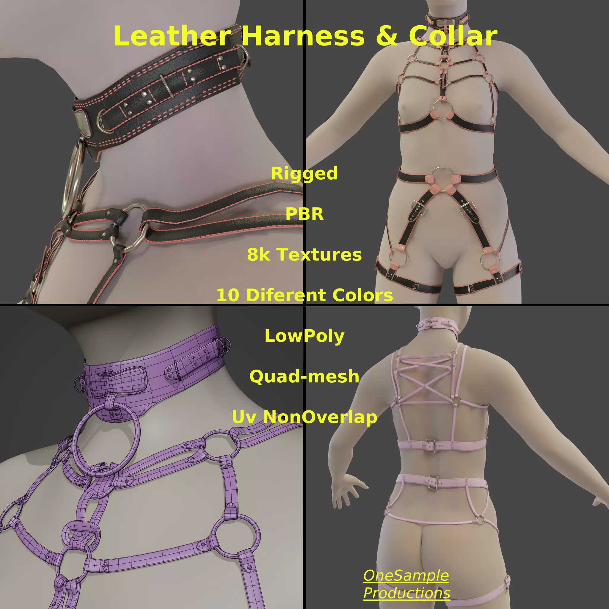 Bondage Harness and Collar 10 colors Female Character  Low-poly 3D model_0