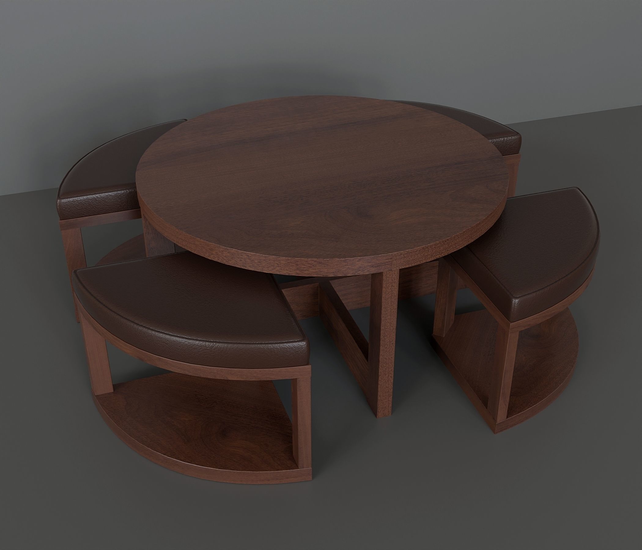 Coffee table with 4 ottomans Low-poly 3D model_1