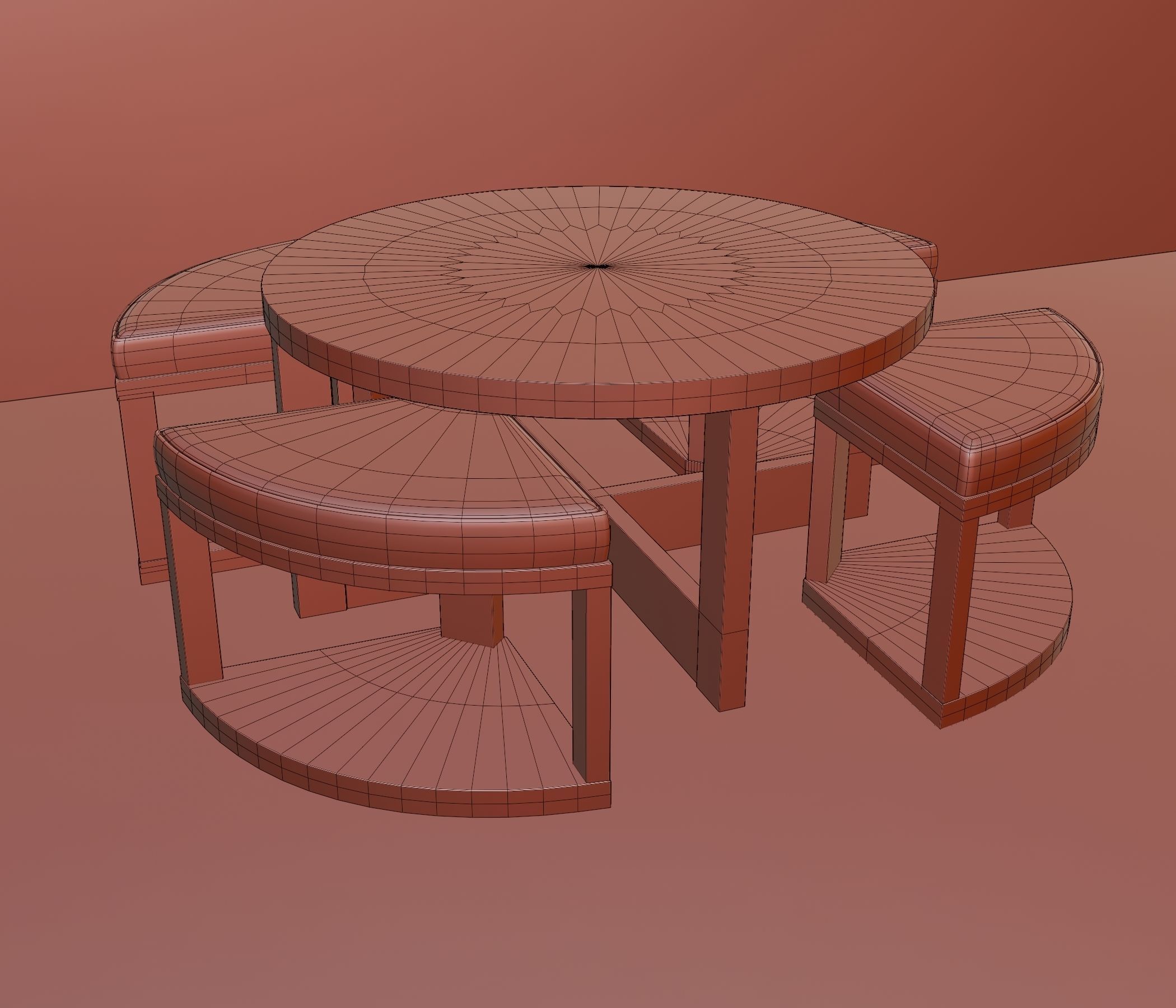 Coffee table with 4 ottomans Low-poly 3D model_6