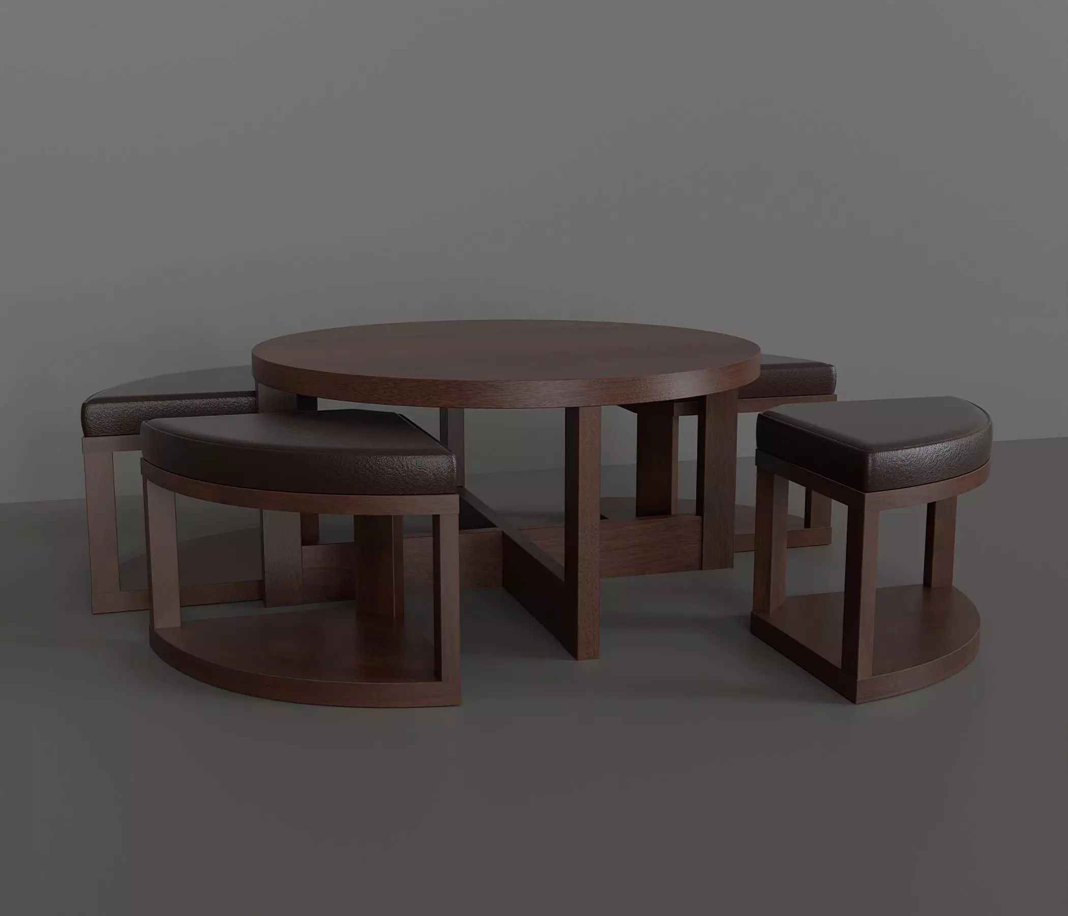 Coffee table with 4 ottomans Low-poly 3D model_0