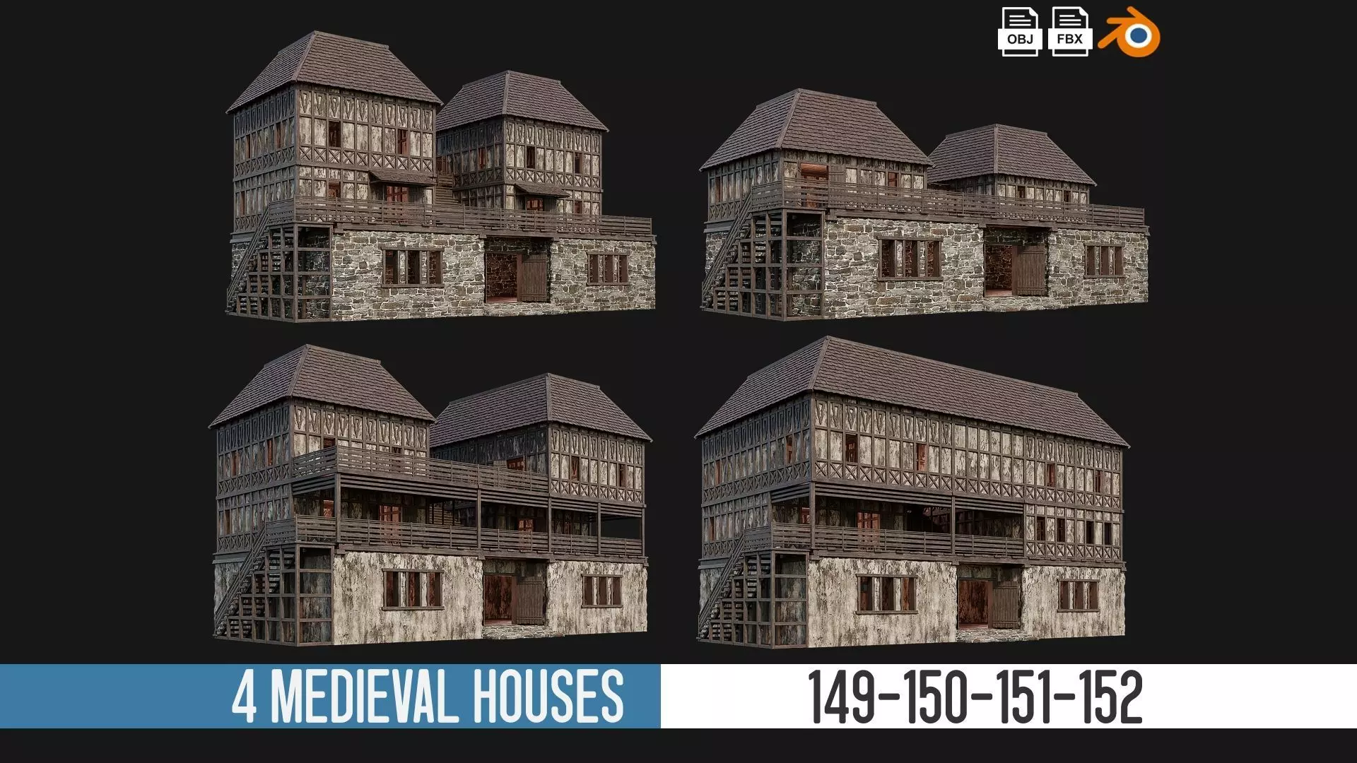 4 Old Medieval House Pack 4K Textures GameReady 149 to 152 Low-poly 3D model