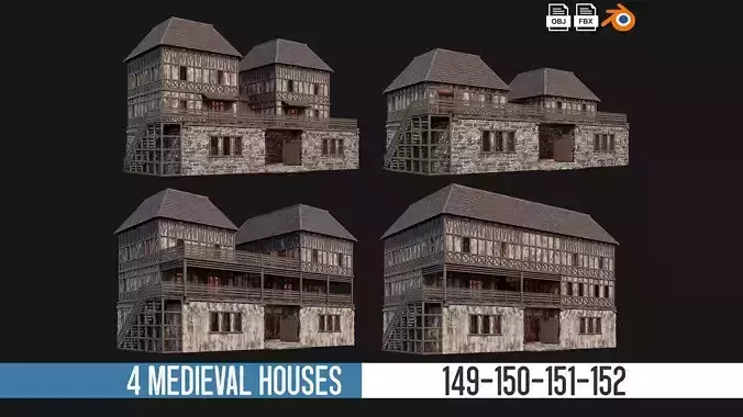 4 Old Medieval House Pack 4K Textures GameReady 149 to 152 Low-poly 3D model