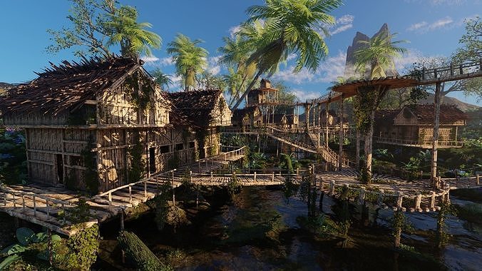 Riverside Village Scene 3D model 2