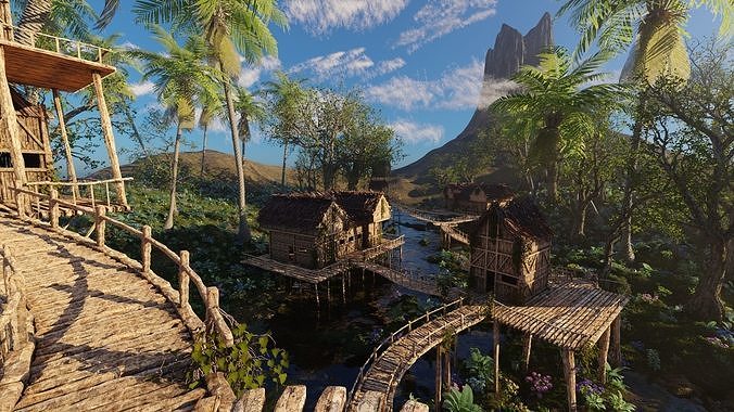 Riverside Village Scene 3D model 6