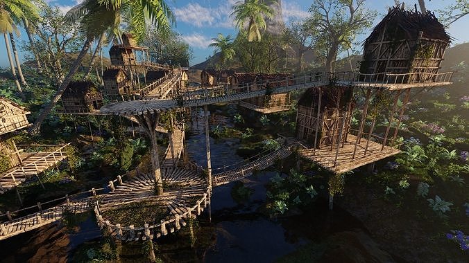 Riverside Village Scene 3D model 3