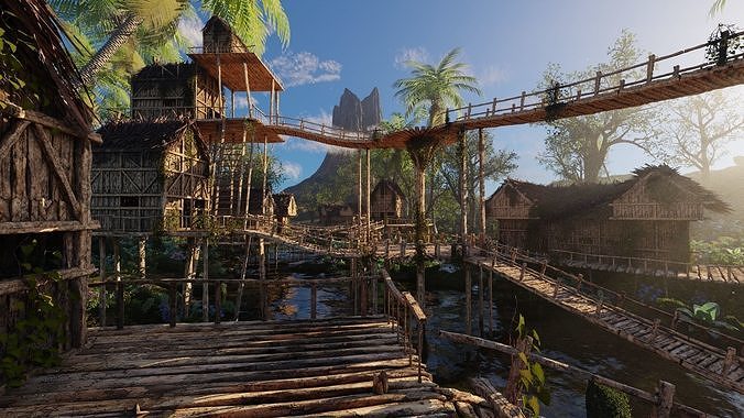 Riverside Village Scene 3D model 5