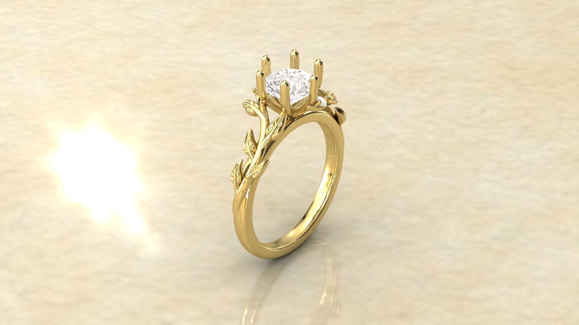 Leaf Vines Engagement Ring with Side Stones Version 2 3D print model_4