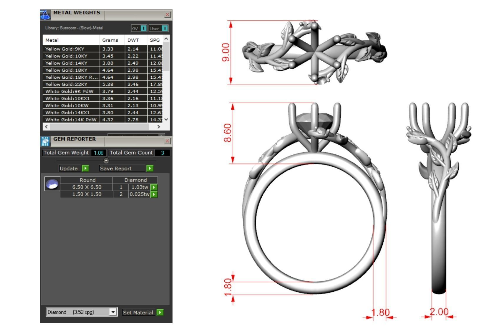 Leaf Vines Engagement Ring with Side Stones Version 2 3D print model_6