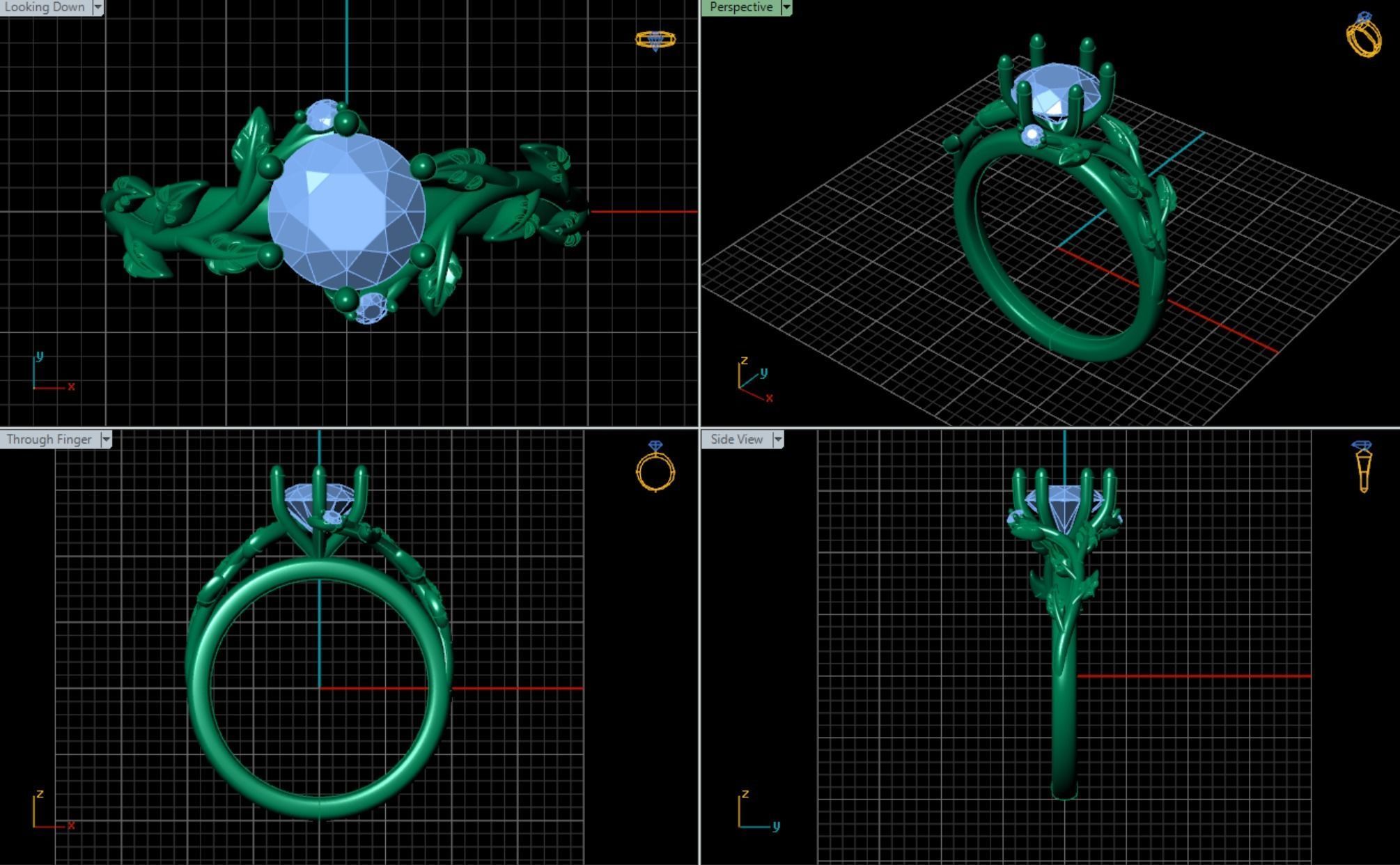 Leaf Vines Engagement Ring with Side Stones Version 2 3D print model_8