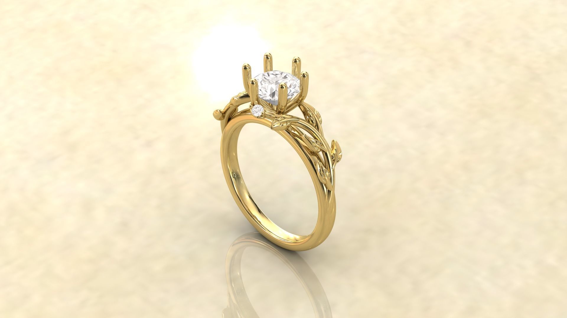 Leaf Vines Engagement Ring with Side Stones Version 2 3D print model_5
