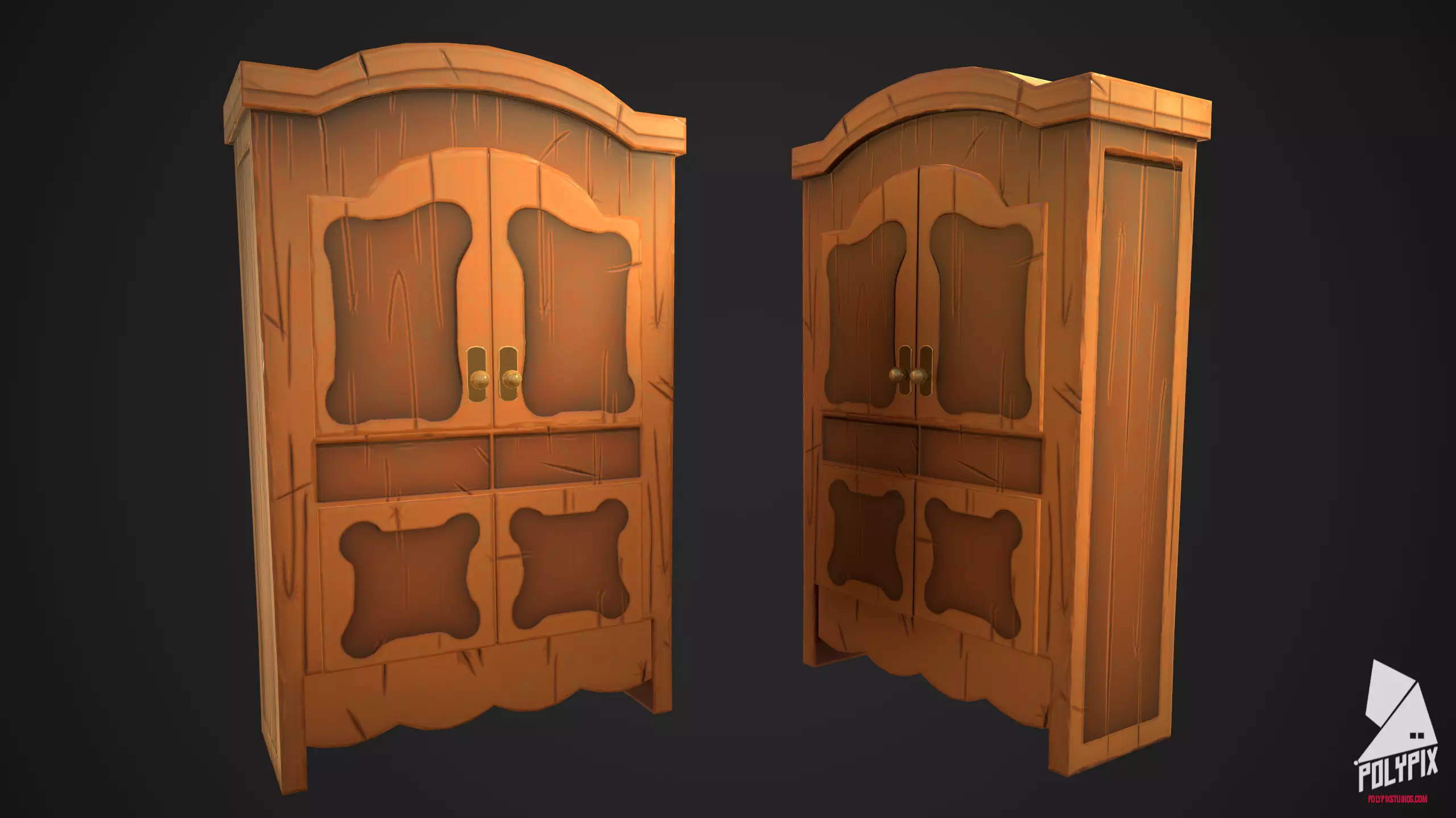 Wardrobe pair of wooden cupboards Low-poly 3D model_0