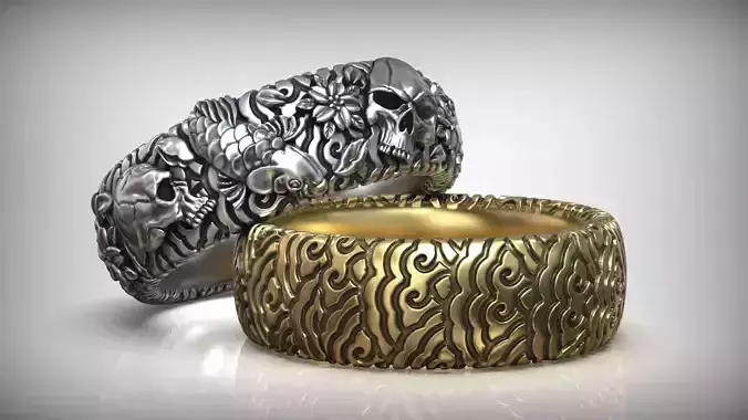Japan Ornament Skull Carp Koi Flower Wedding Ring 3D print model