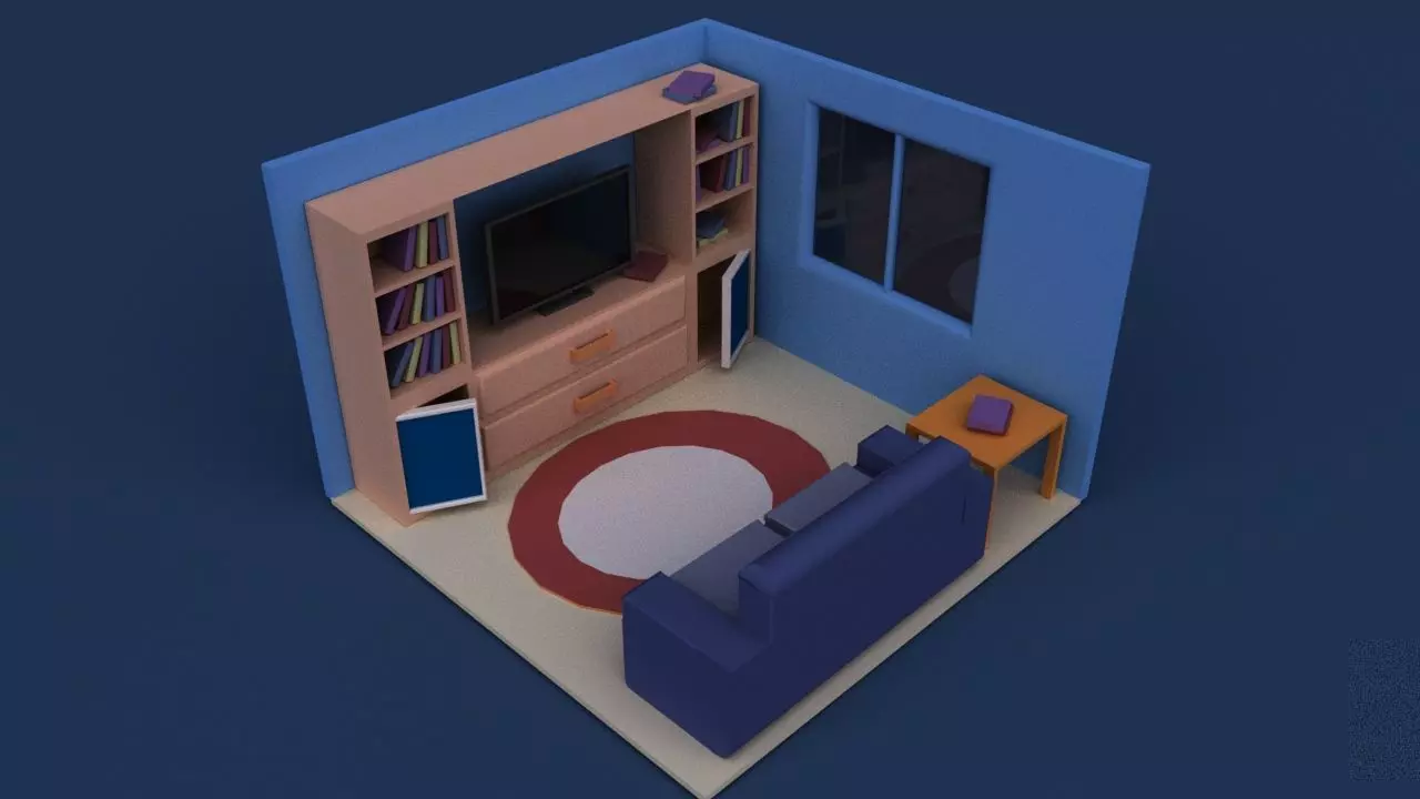 3d room living with tv and bookshelf 3D model_0