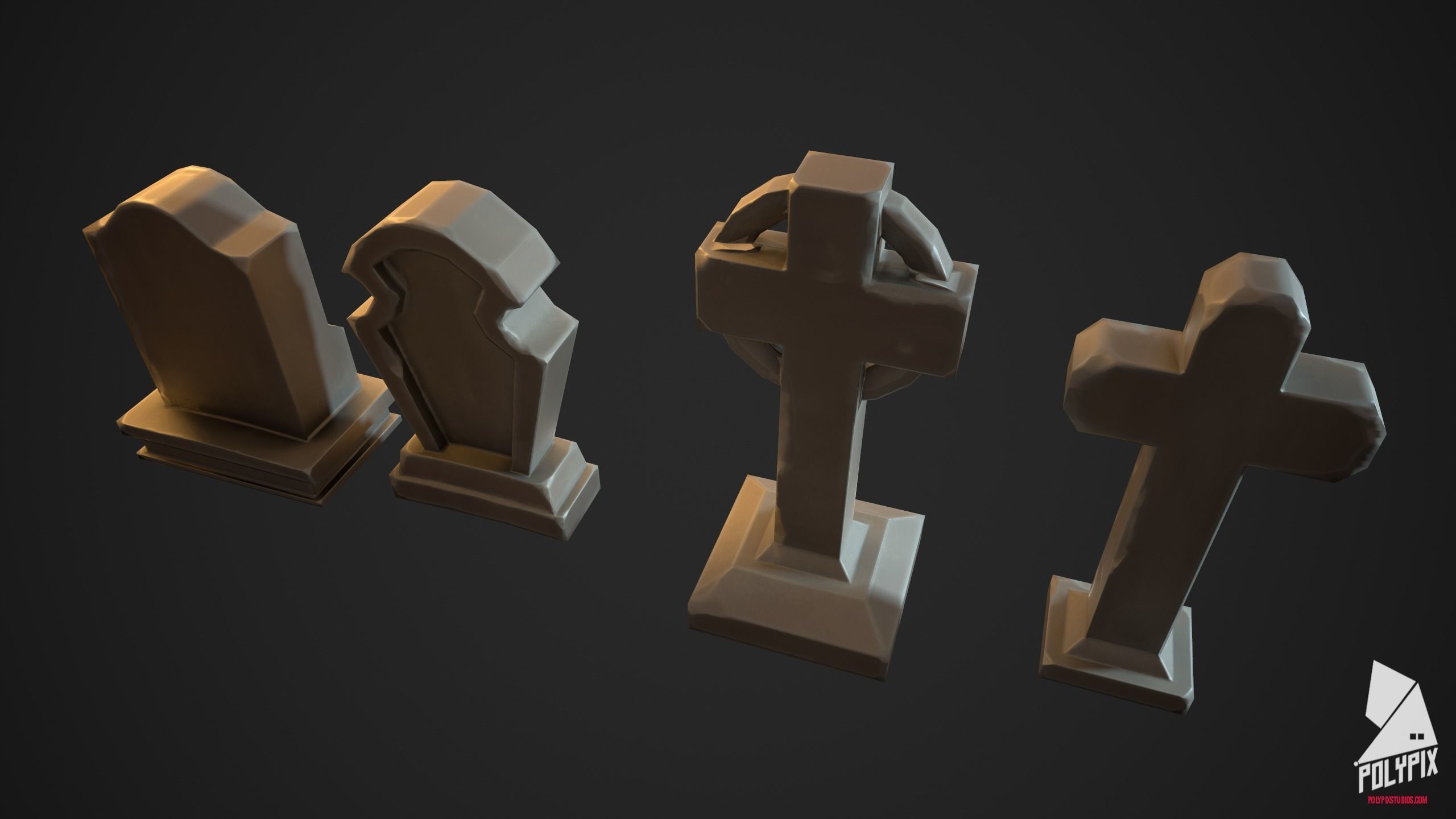 Tombstone four gravestones Low-poly 3D model_2