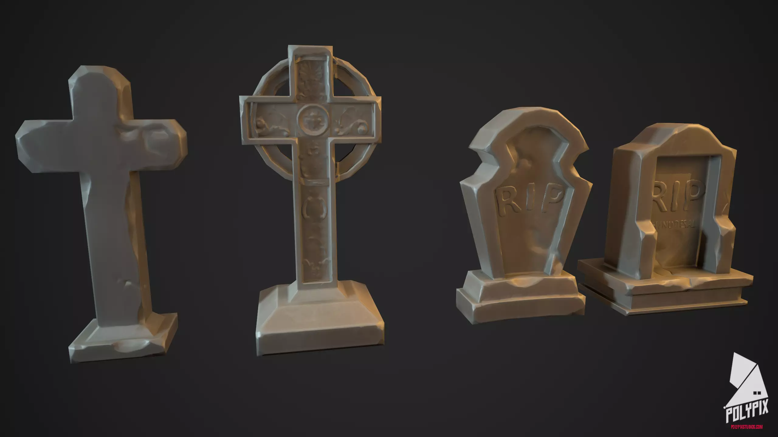Tombstone four gravestones Low-poly 3D model_0