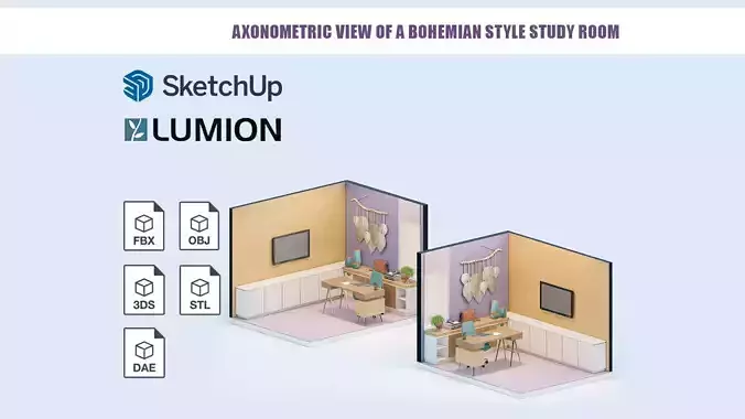 Axonometric view of a Bohemian style study room