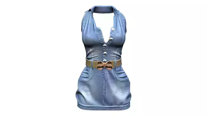 Denim Backless Mini Dress Halterneck with Belt Button Front
