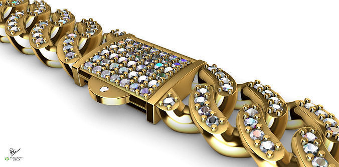Almond style cuban link with gemstones and 10mm clasp system 3D print model