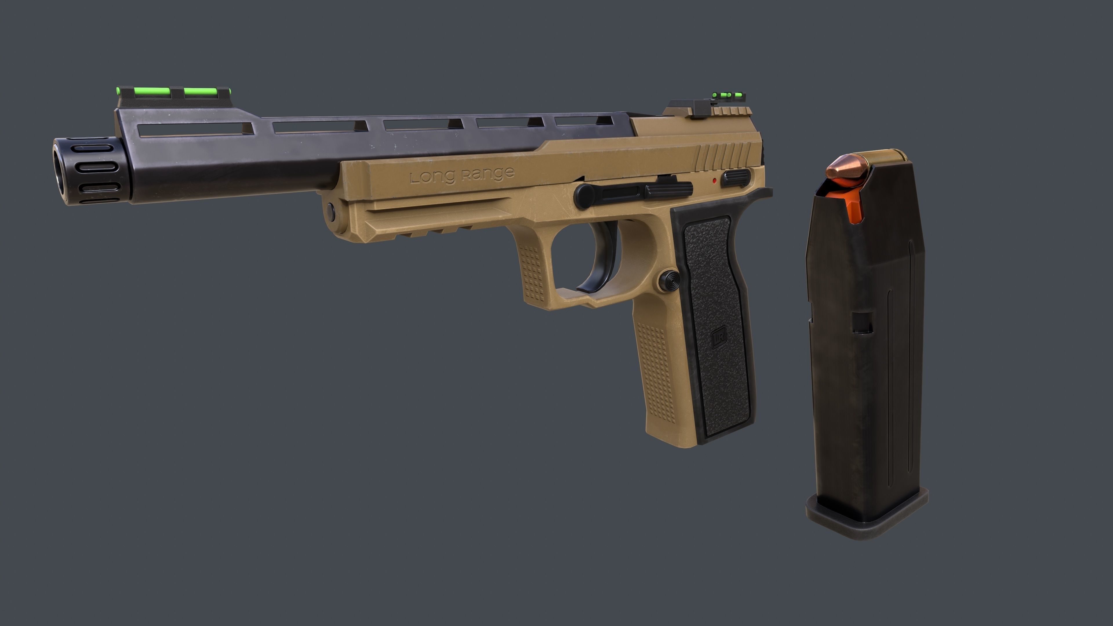 Pistol Long Range Coyote and Silencer Low-poly 3D model_22