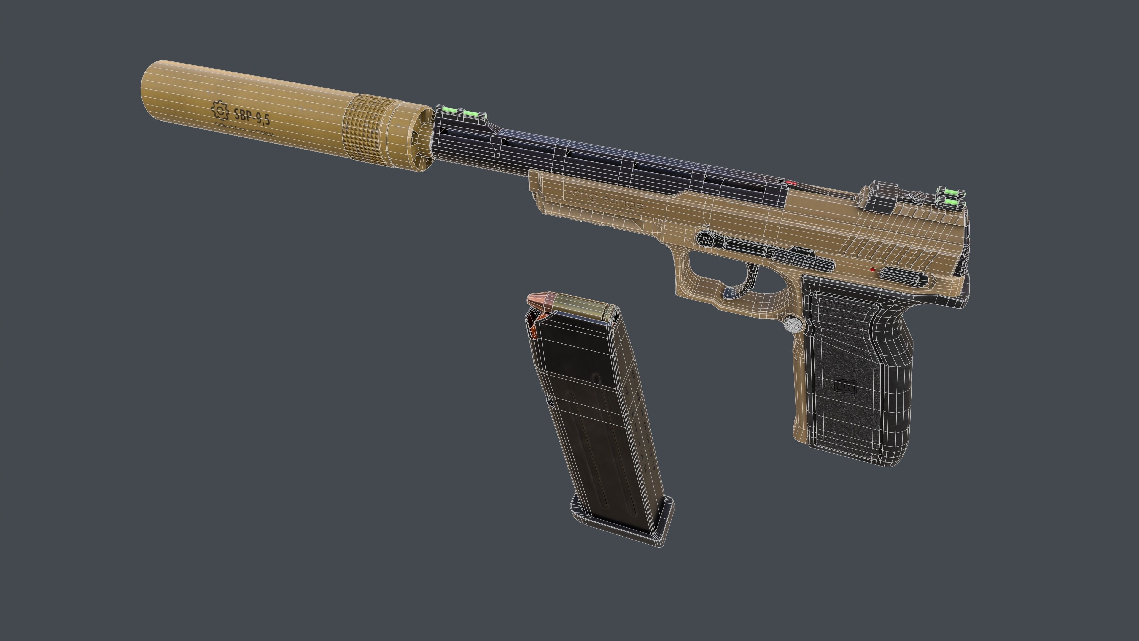 Pistol Long Range Coyote and Silencer Low-poly 3D model_32