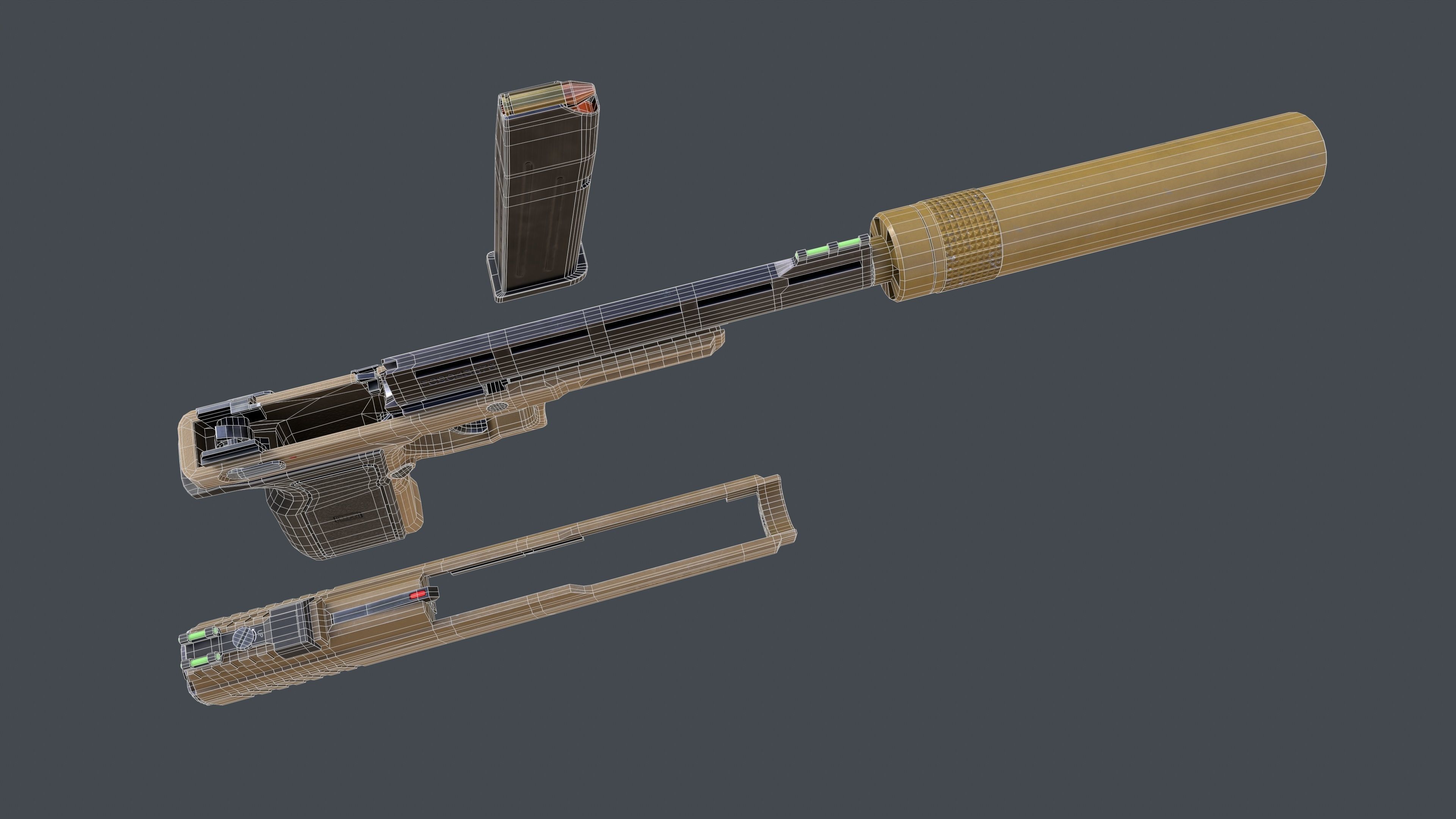 Pistol Long Range Coyote and Silencer Low-poly 3D model_33