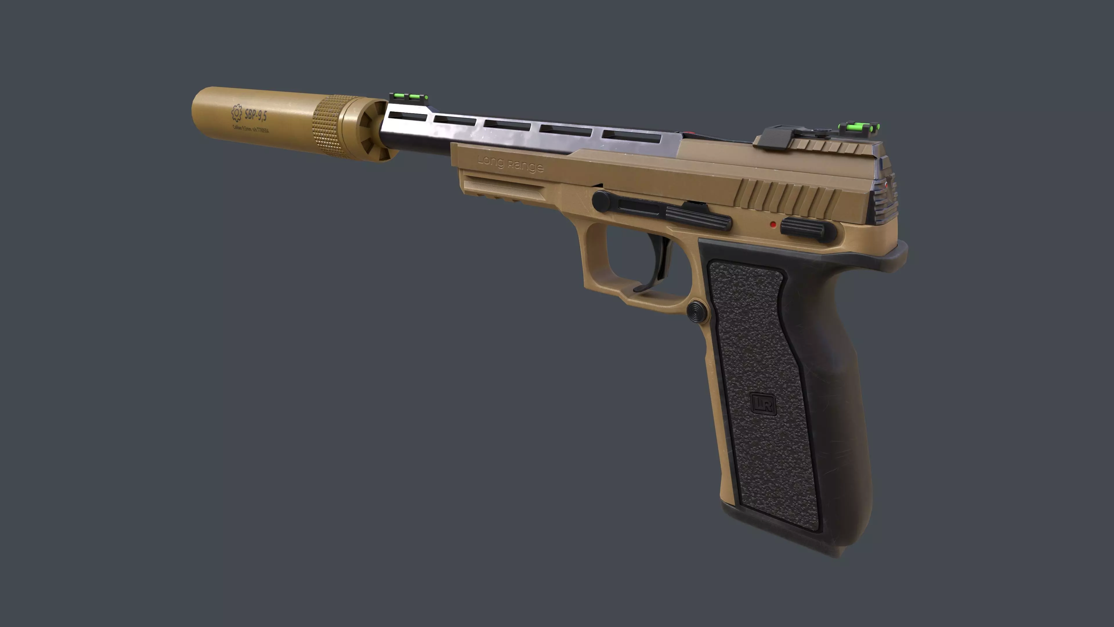 Pistol Long Range Coyote and Silencer Low-poly 3D model_0