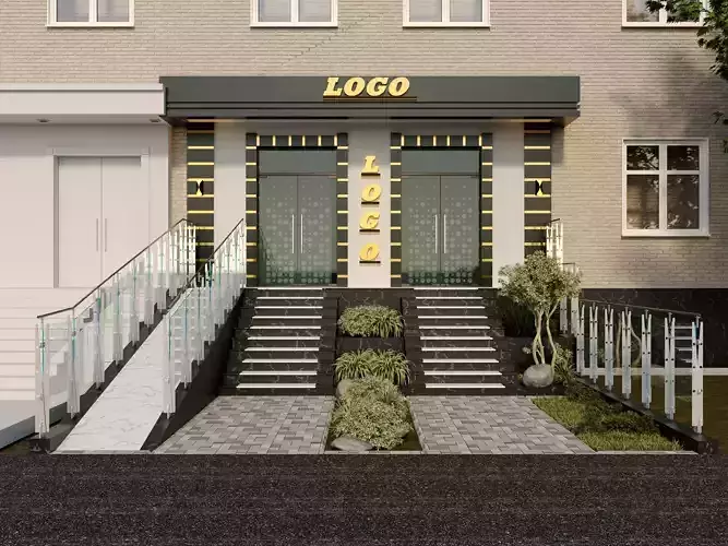 Office building with stairs and logo